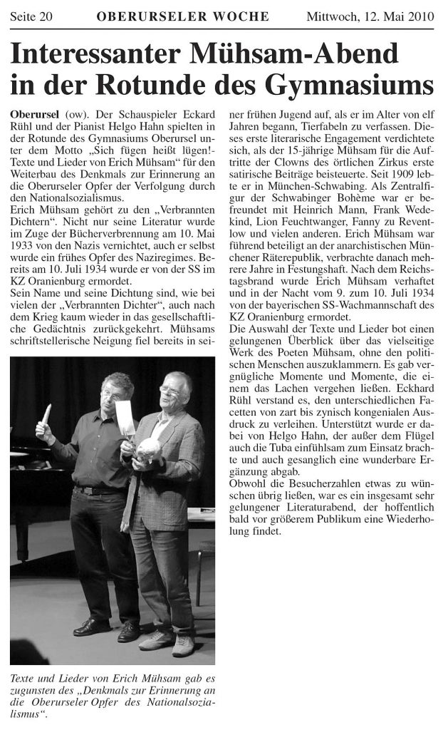 Interessanter Mühsam-Abend in der Rotunde des Gymnasiums Bericht Mühsam-Abend